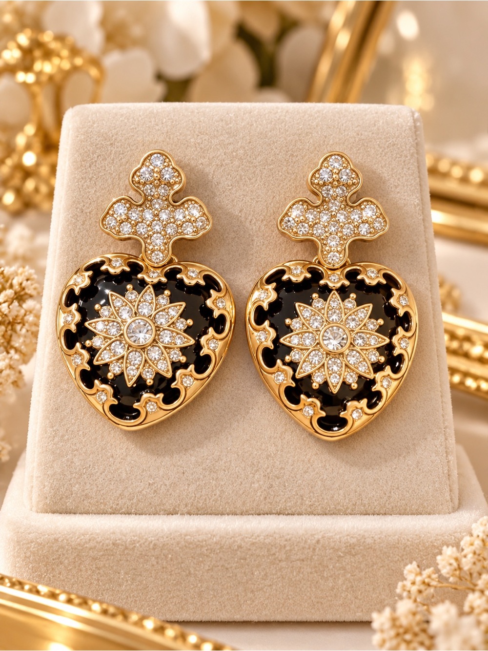 Gold Tone Black Enamel Heart Statement Earrings with Rhinestone Floral Design